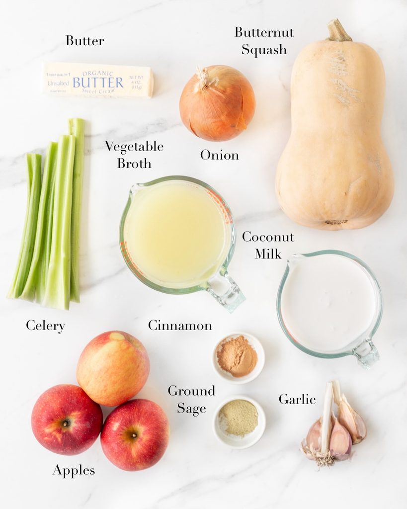 Ingredients for making Gluten Free Butternut Squash Soup portioned out on a marble slab.