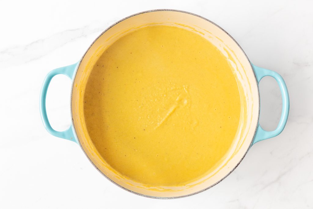 Process shot #4: butternut squash soup pulverized into a smooth, blended soup. 
