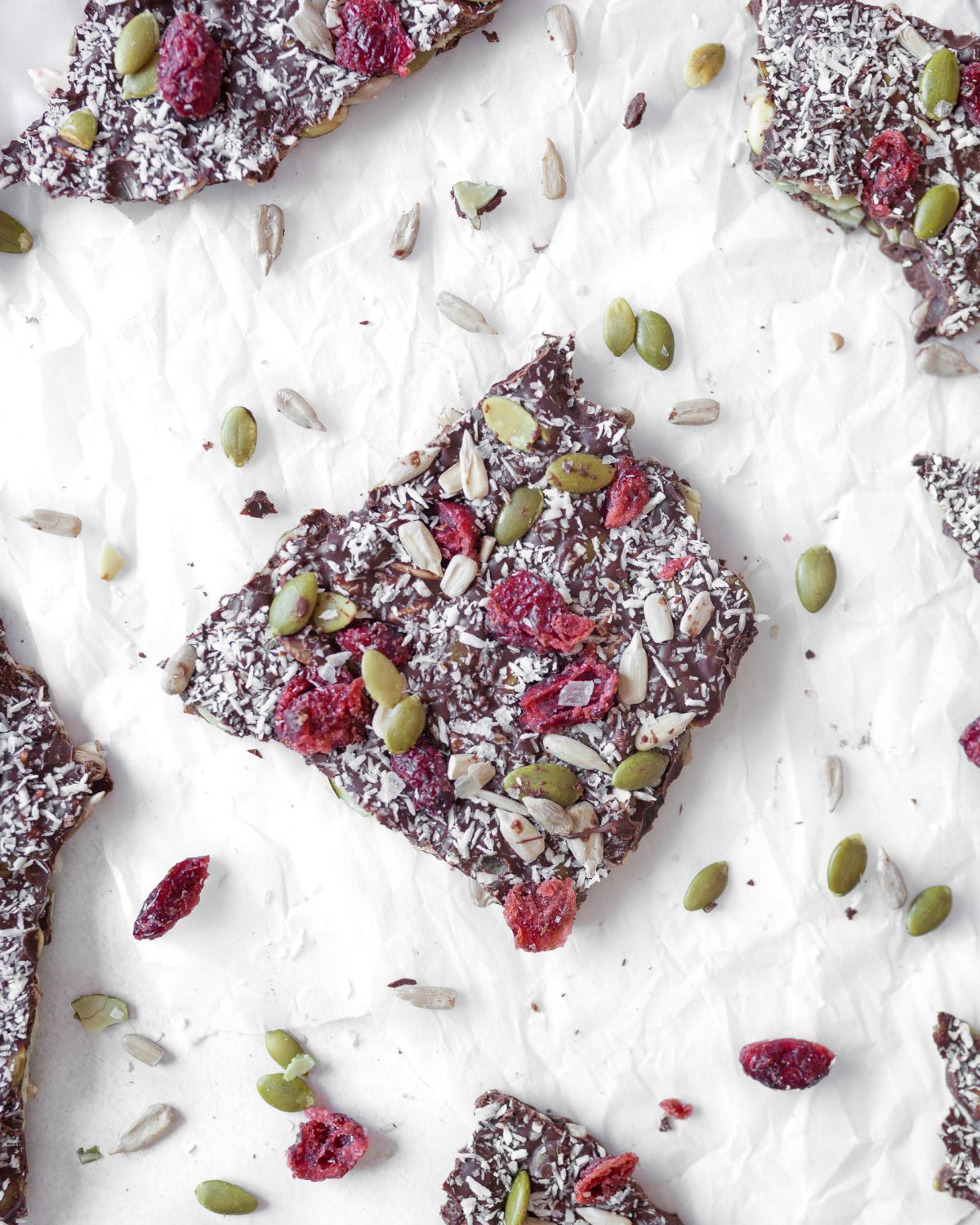 Chocolate Seed Bark with Cranberries broken into pieces.