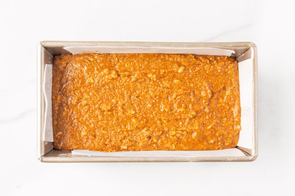 Process shot #3: pumpkin bread mixture transferred to a loaf pan - ready to bake!