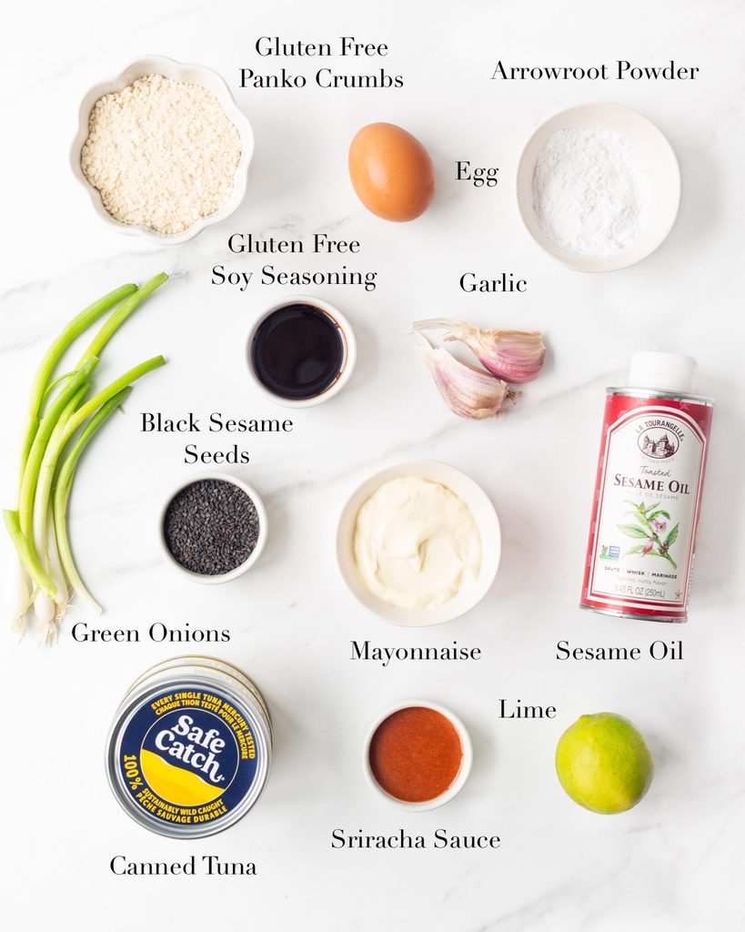 Ingredients for Asian-style Tuna Cakes portioned out on a marble slab.