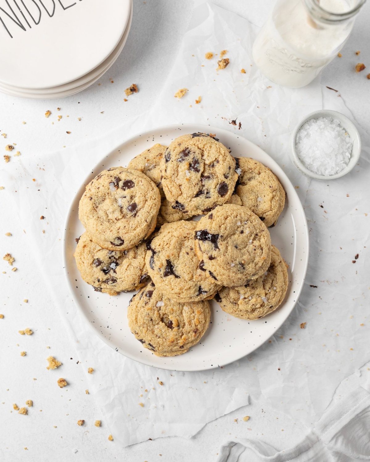 Chewy Gluten-free Peanut Butter Protein Cookies on a plate (top down)