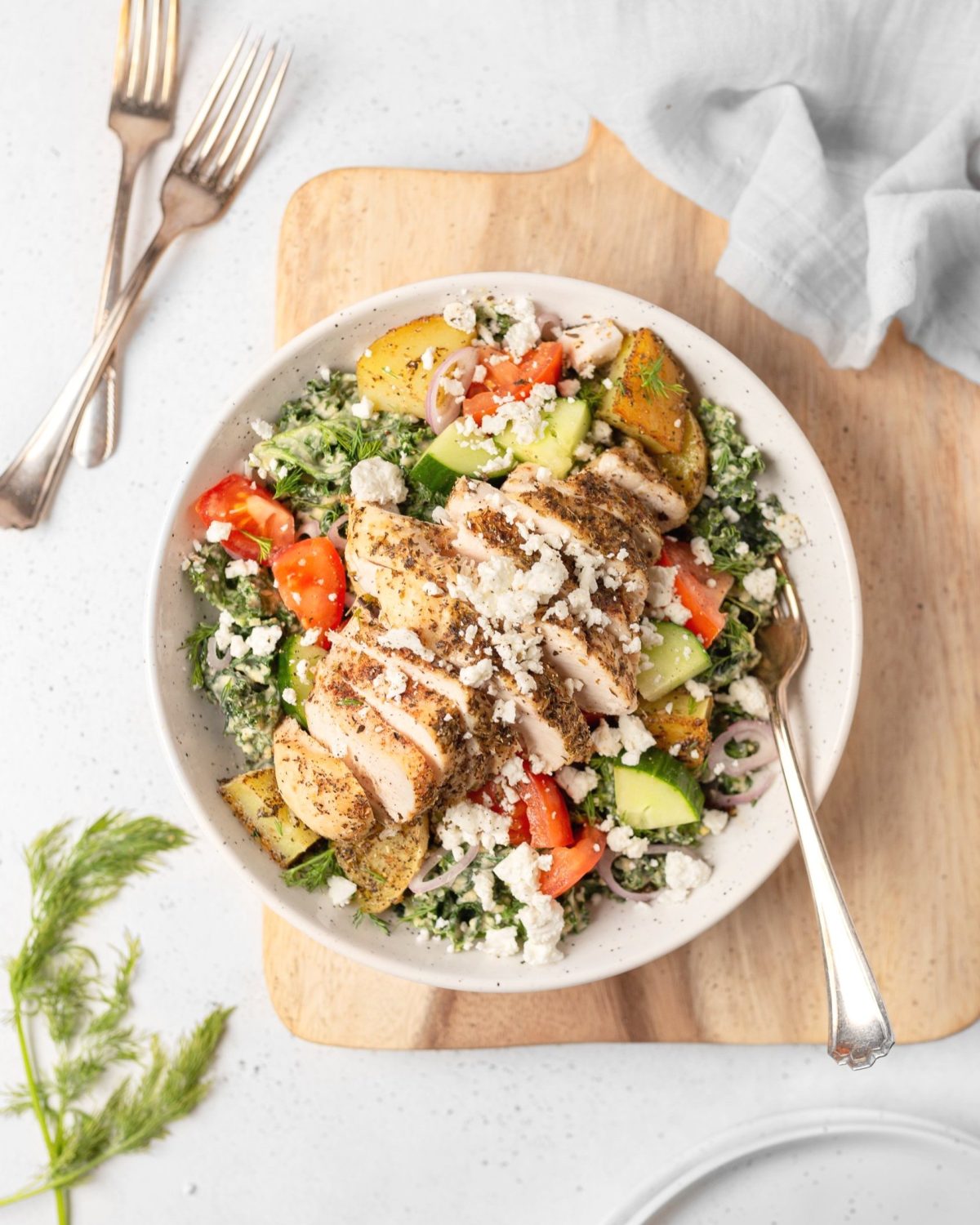 Mediterranean Chicken Salad with Creamy Hummus Dressing (top down)