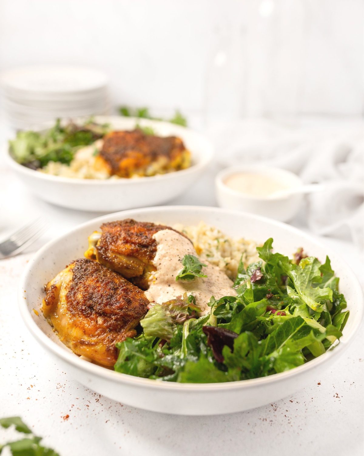 Baked Tandoori Chicken Thighs with Cilantro Rice plated.