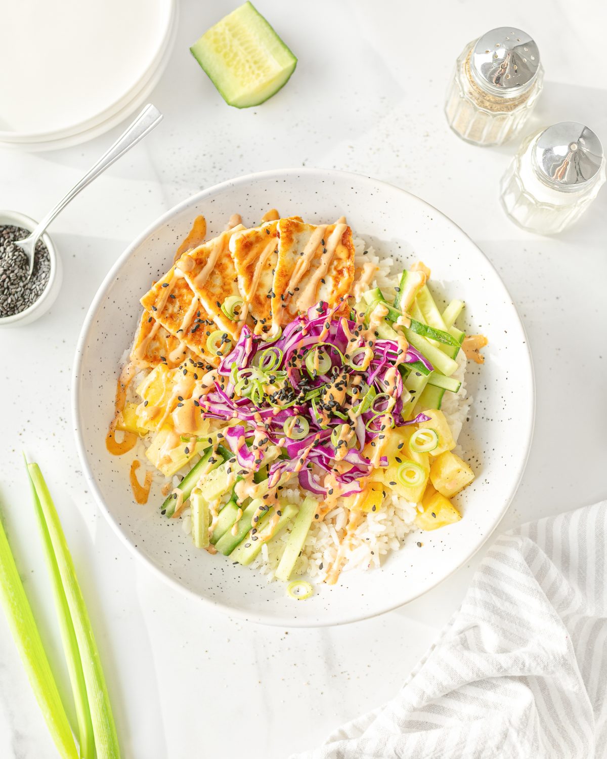 Tropical Halloumi Bowl with Coconut Rice plated.