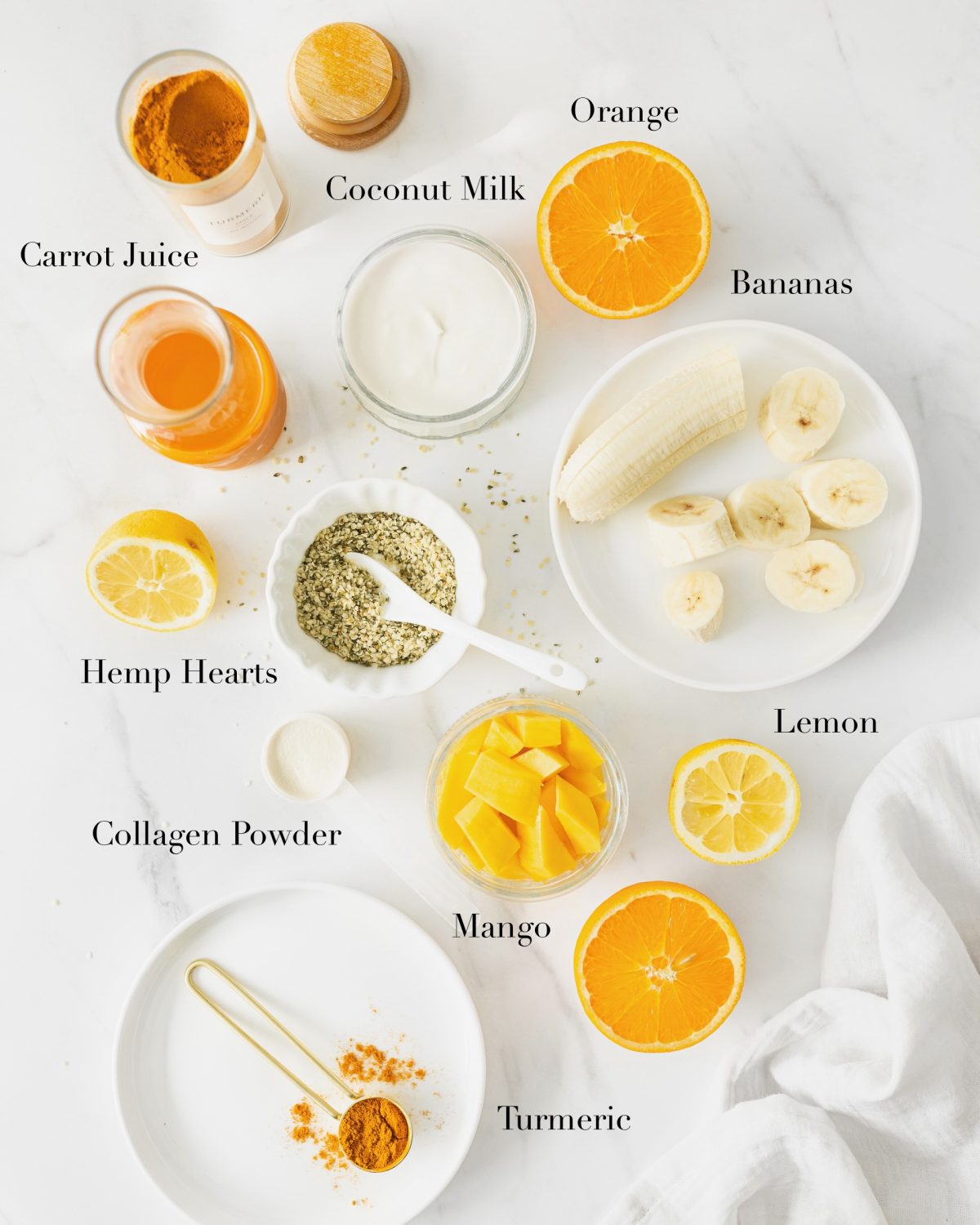 Ingredients for mango turmeric smoothie portioned out.
