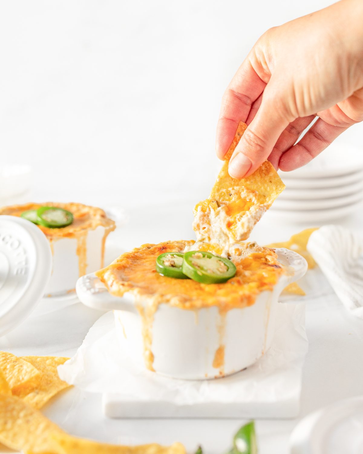Charred Jalapeño Popper Dip with corn tortilla chips.