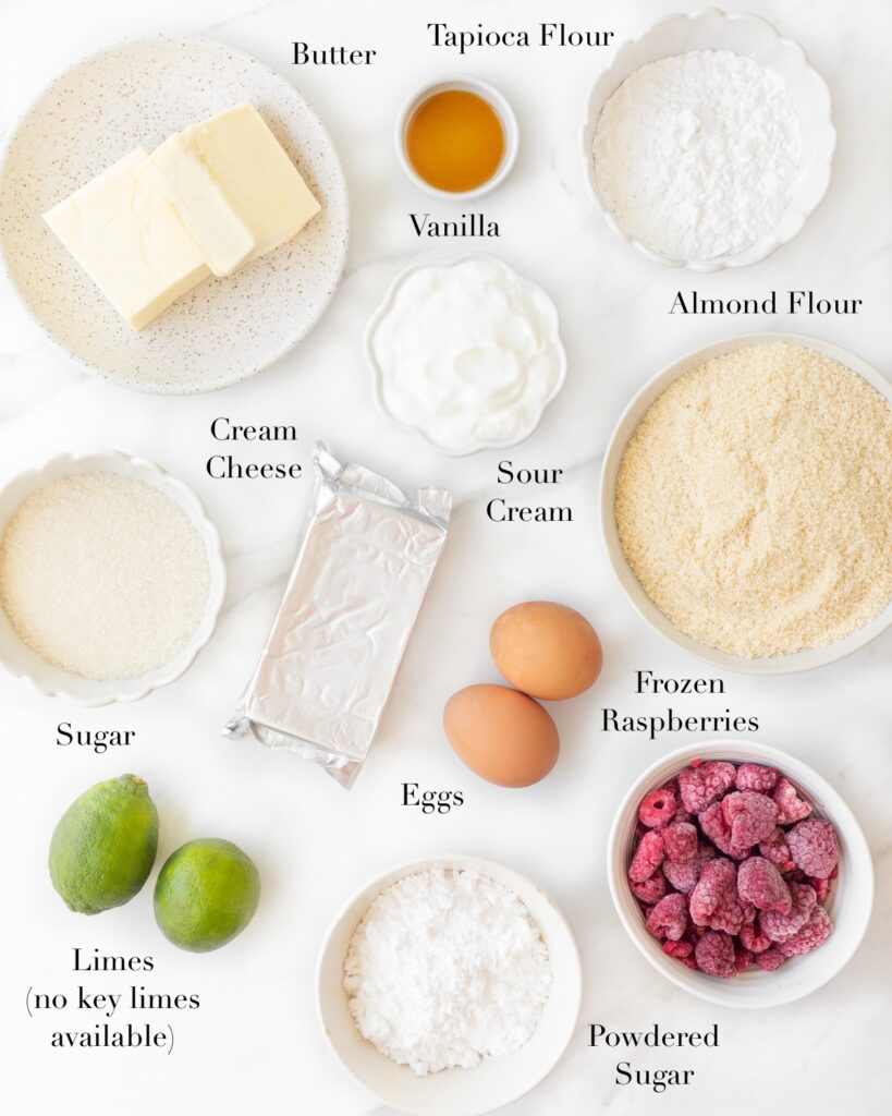 Ingredients for Gluten Free Key Lime Cupcakes portioned out on a marble slab. 