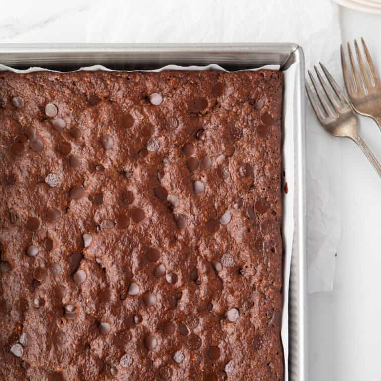 GF Chocolate Banana Protein Snack Cake baked in a pan.