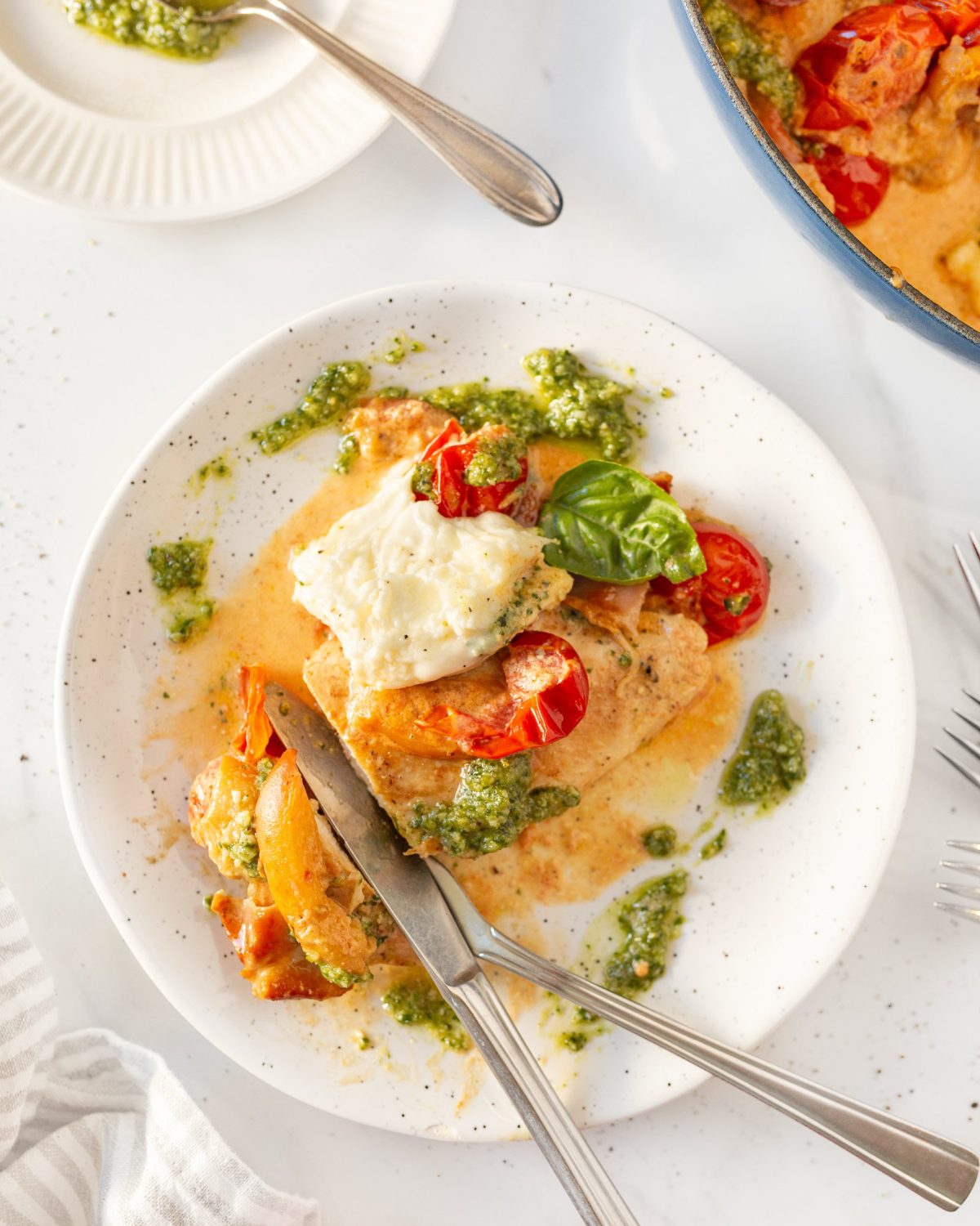 Caprese Peach and Pesto Chicken plated (top down)
