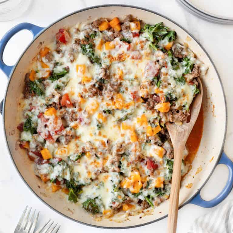 30-Minute Italian Ground Beef Skillet cooked in a blue cast iron skillet.