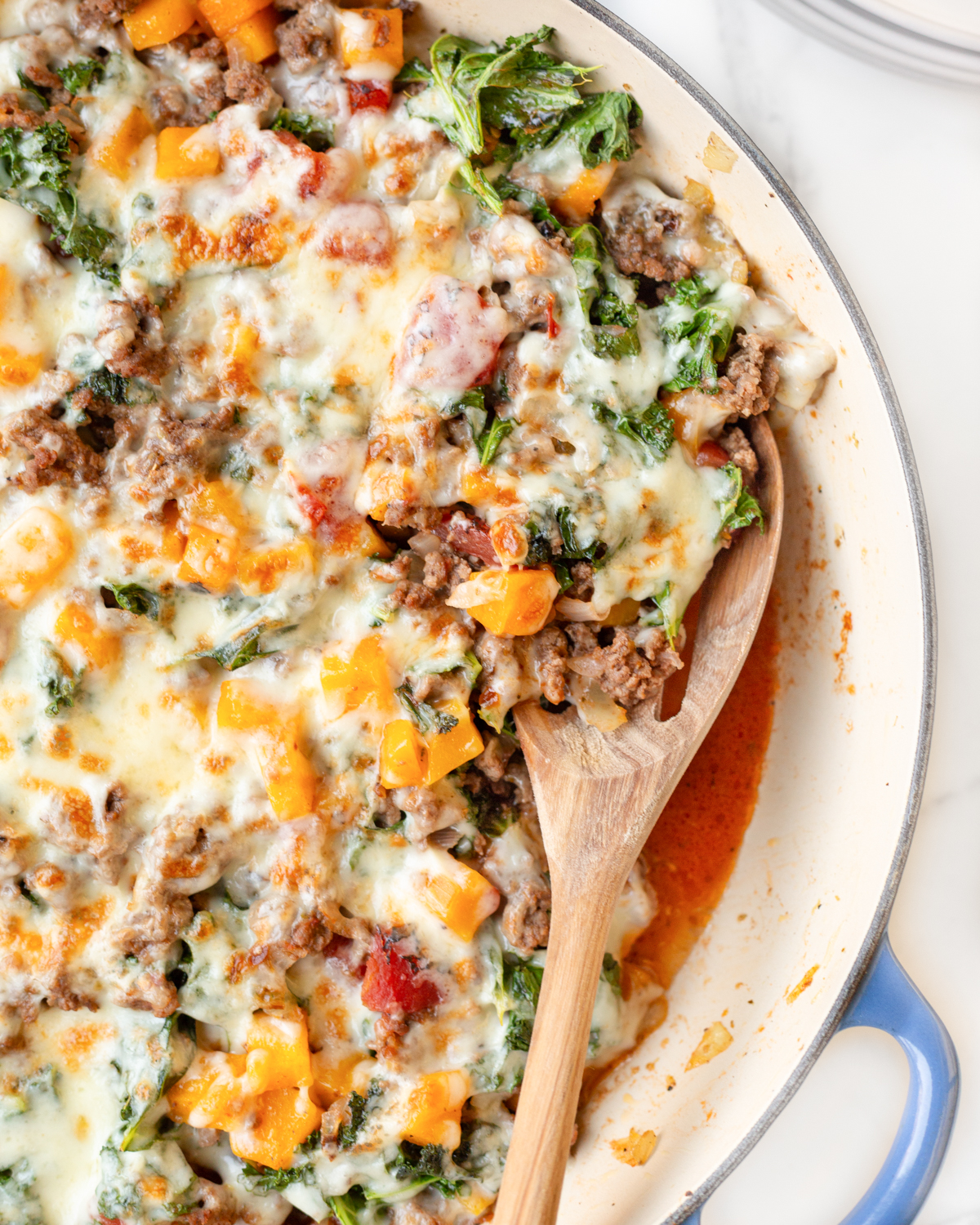30-Minute Italian Ground Beef Skillet served with a wooden spoon.