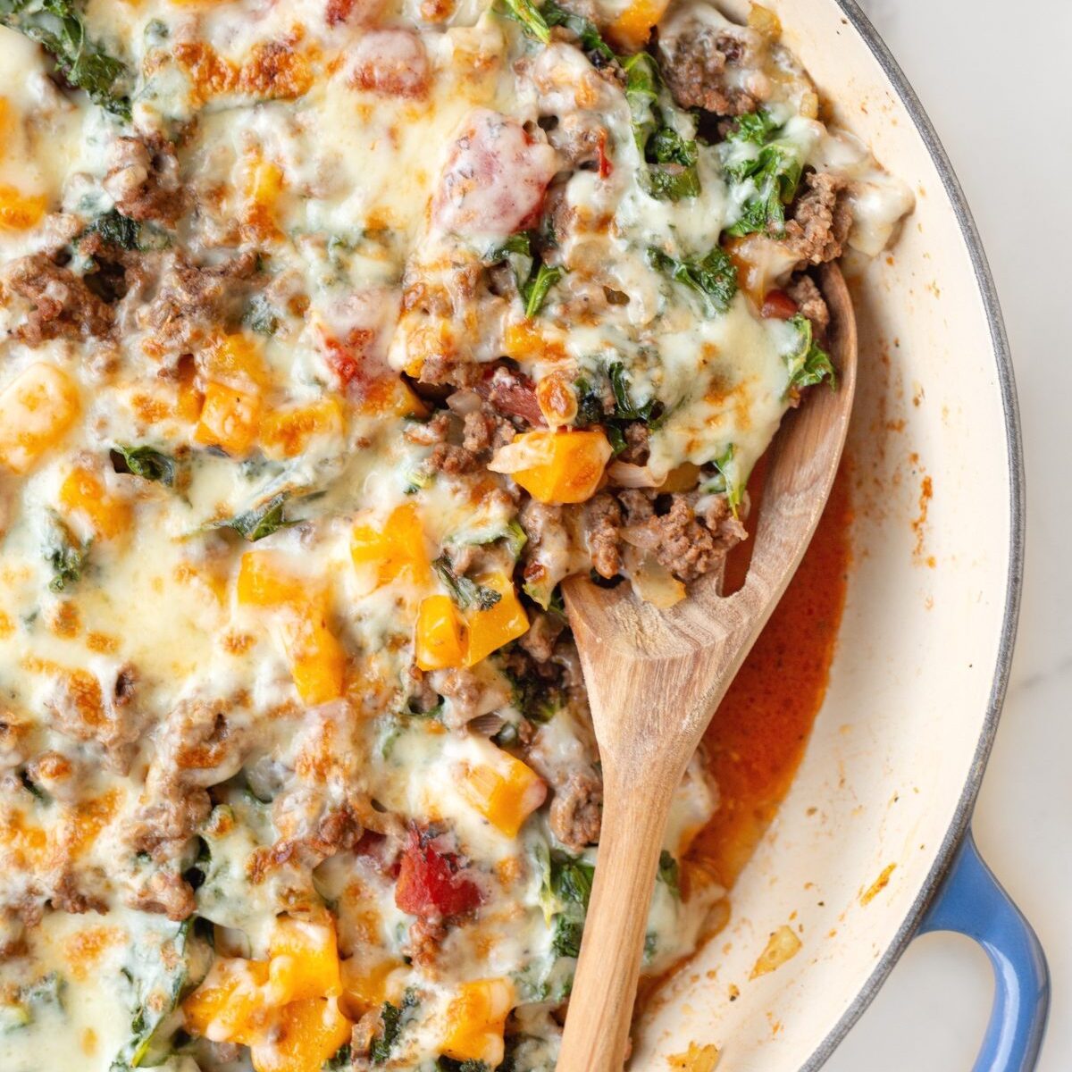 30-minute Italian Ground Beef Skillet with a wooden serving spoon.