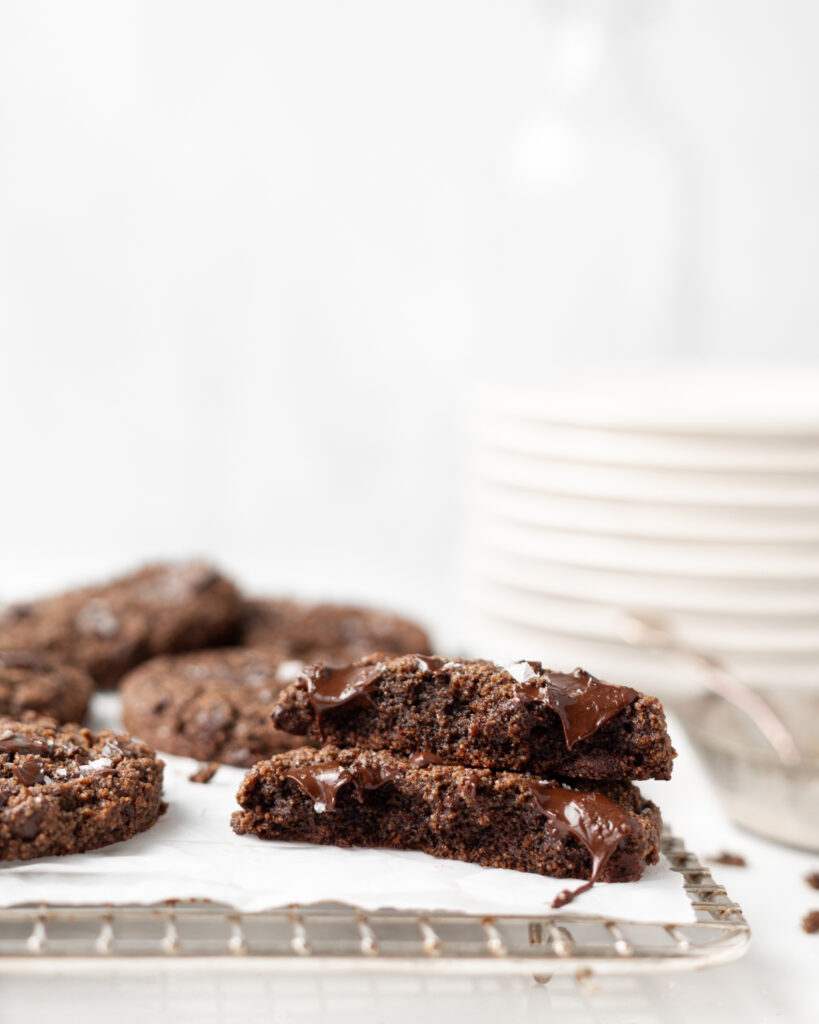 2 Gluten Free Double Chocolate Cookie halves stacked on top of each other.
