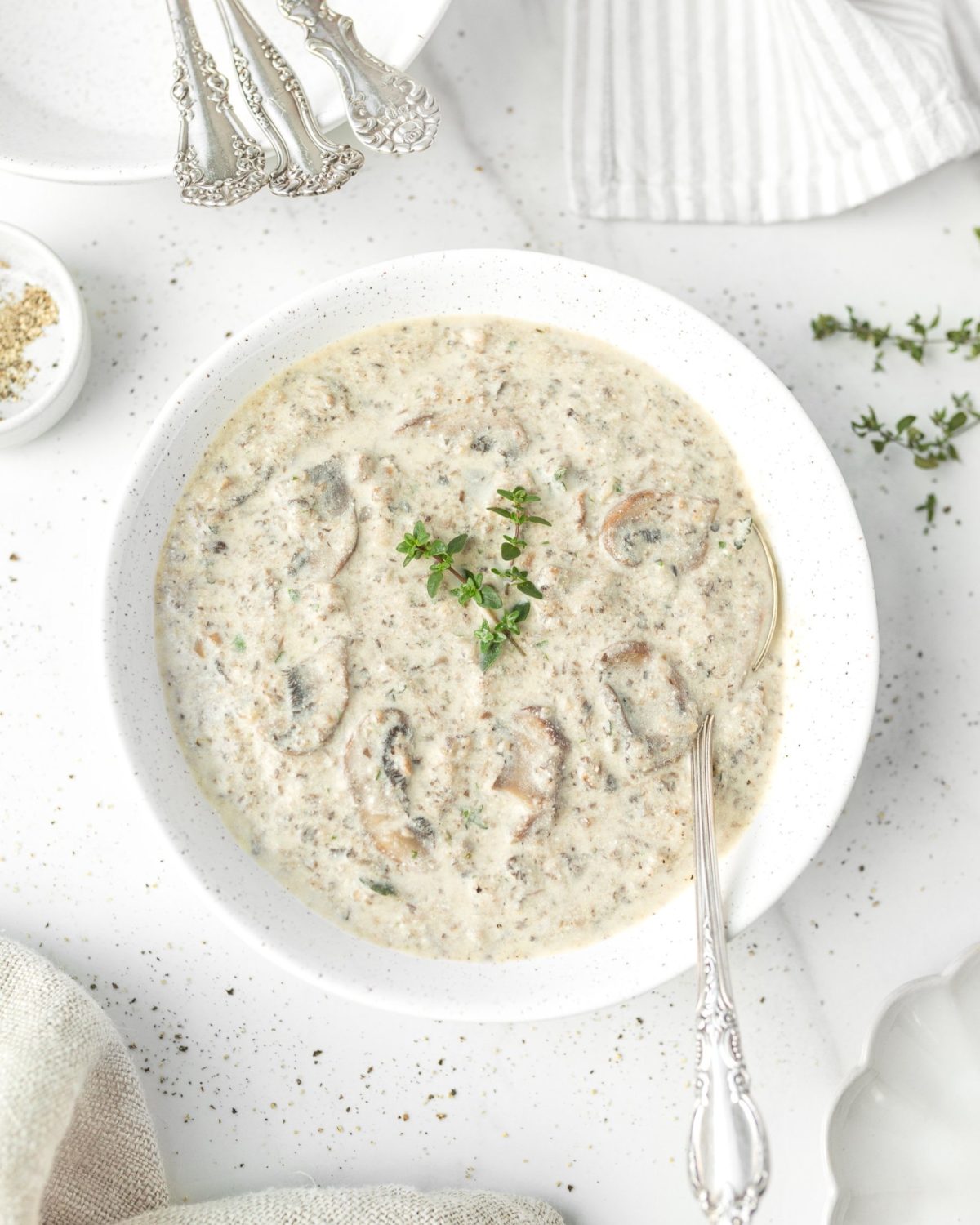 Creamy GF Mushroom and Thyme Soup in a bowl (top down)