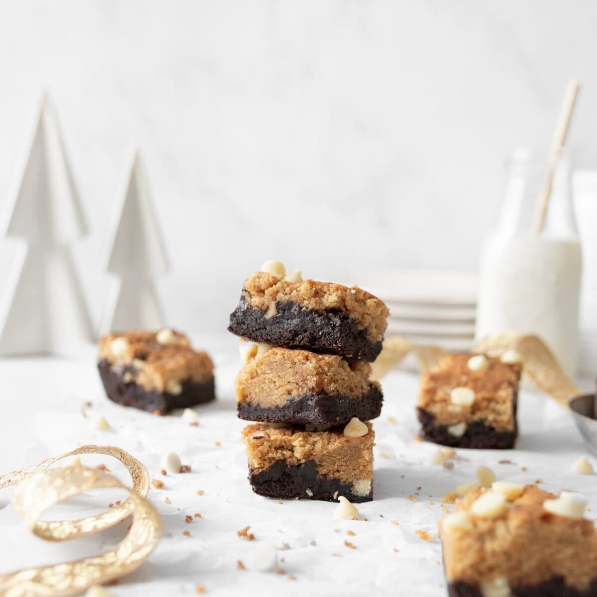 3 Gluten Free Peppermint Chip Brookies stacked on top of each other.