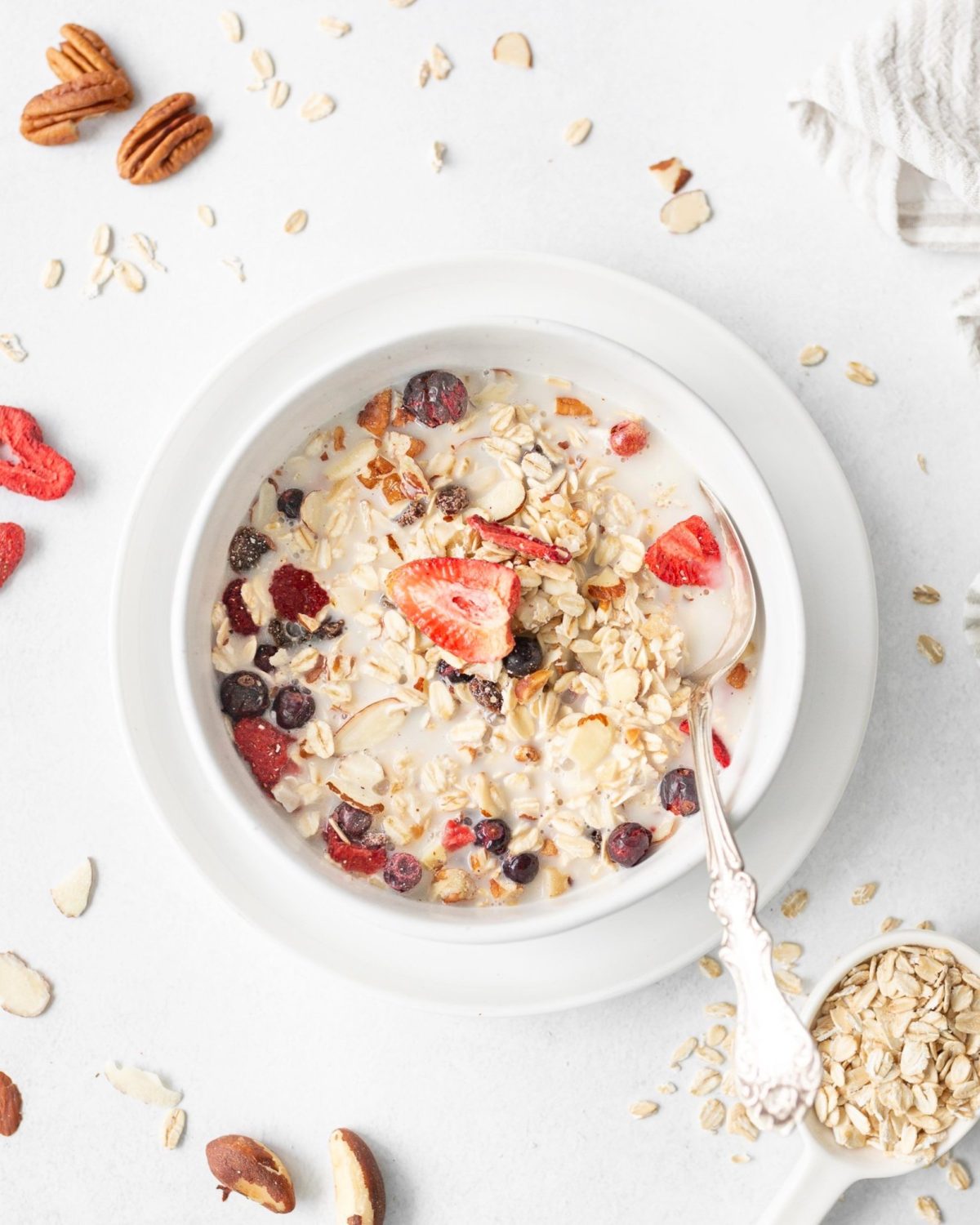 5-minute Fruit and Nut Muesli in a bowl with milk and a spoon.