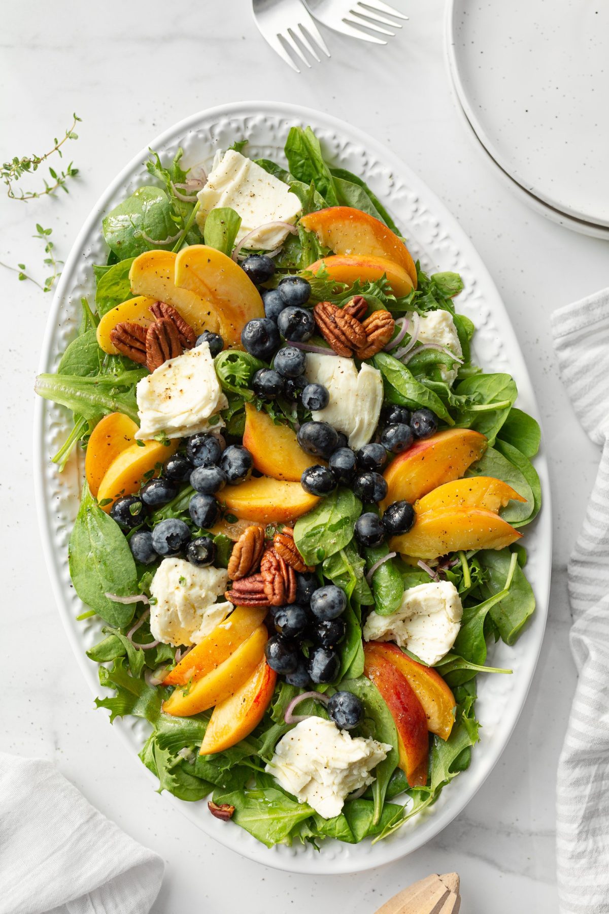 Peach Blueberry and Mozzarella Salad assembled and plated.