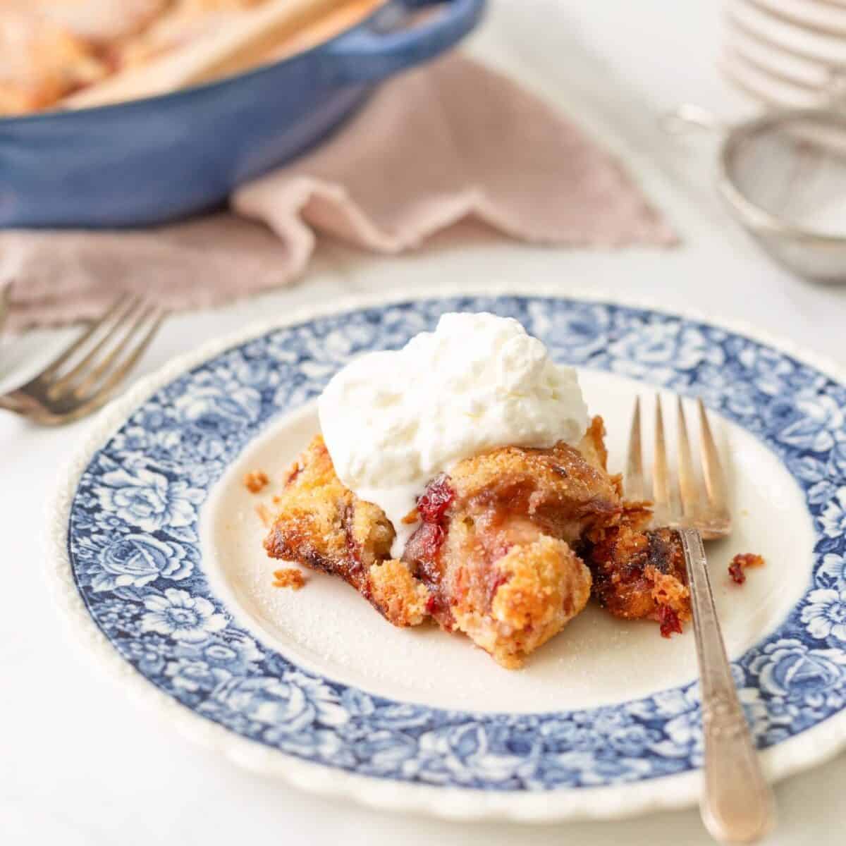 Gluten Free Strawberry Rhubarb Spoon Cake on a plate (straight on, close-up)