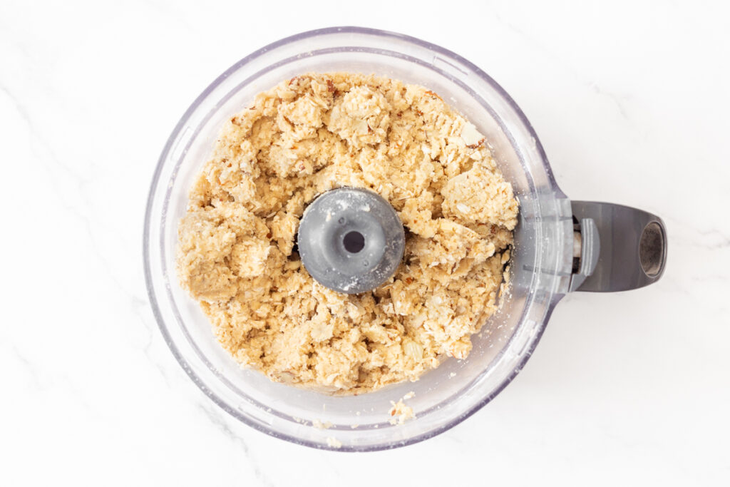 Process shot #2: ingredients for the oat crumble pulsed together in a food processor.
