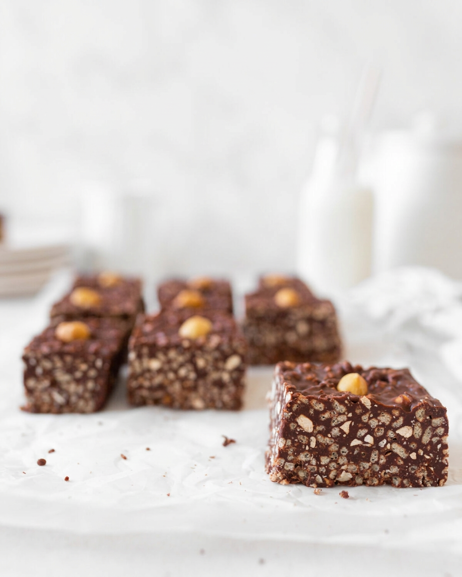 Chocolate Hazlenut Crunch Bars2 Hazelnut Crunch Bars cut on parchment paper.