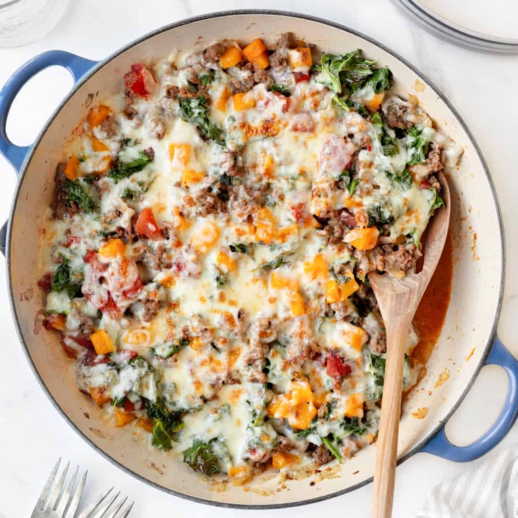 30-minuteGroundBeefSkillet 30-Minute Italian Ground Beef Skillet cooked in a blue cast iron skillet.