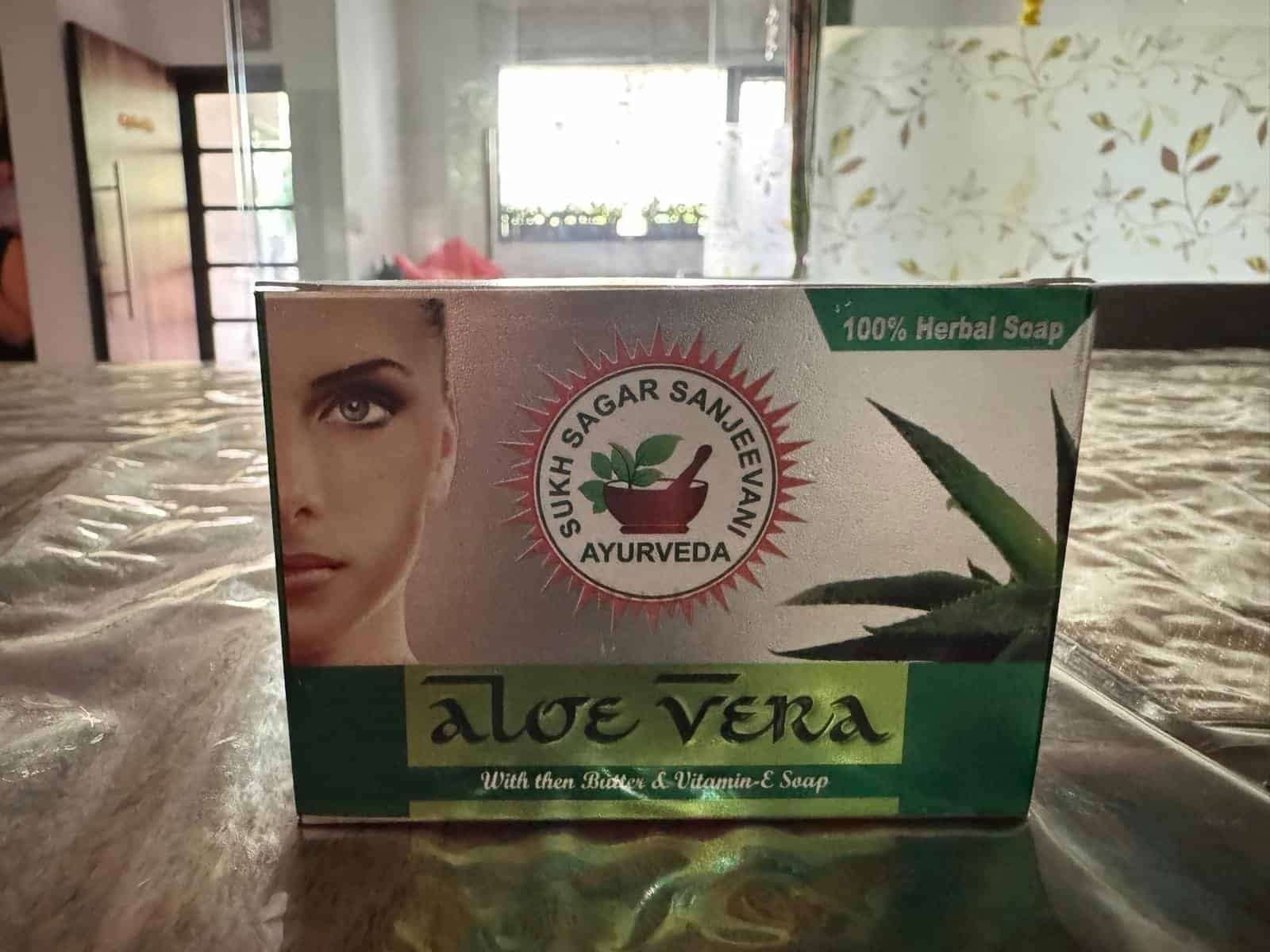 Aloe Vera Herbal Soap box from Sukh Sagar Dawakhana with aloe vera image.