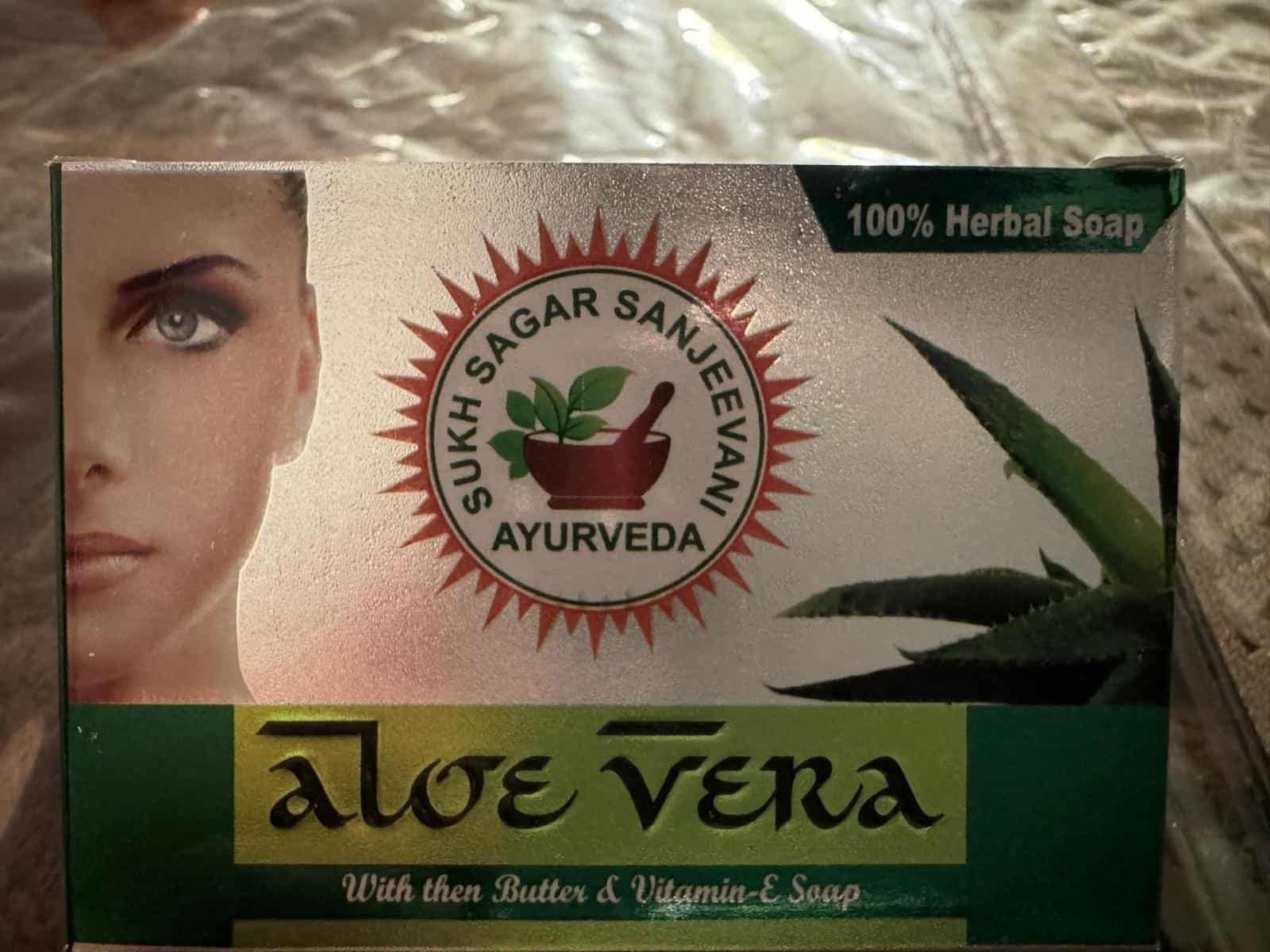 Aloe Vera herbal soap packaging with Sukh Sagar Sanjeevani Ayurveda logo.