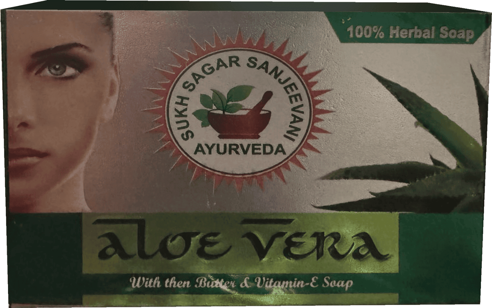 Aloe Vera soap bar from Sukh Sagar Dawakhana with herbal ingredients and Ayurveda branding.