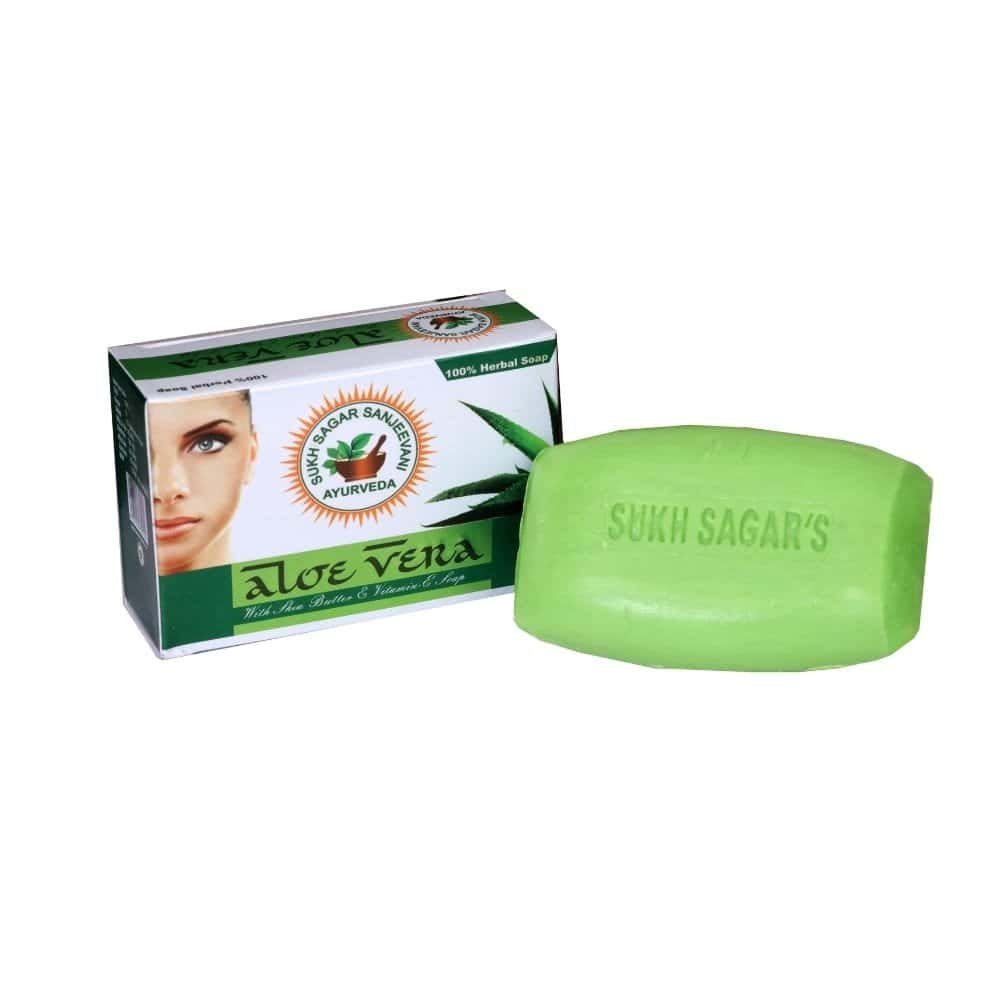 Green Aloe Vera herbal soap with packaging from Sukh Sagar Dawakhana.