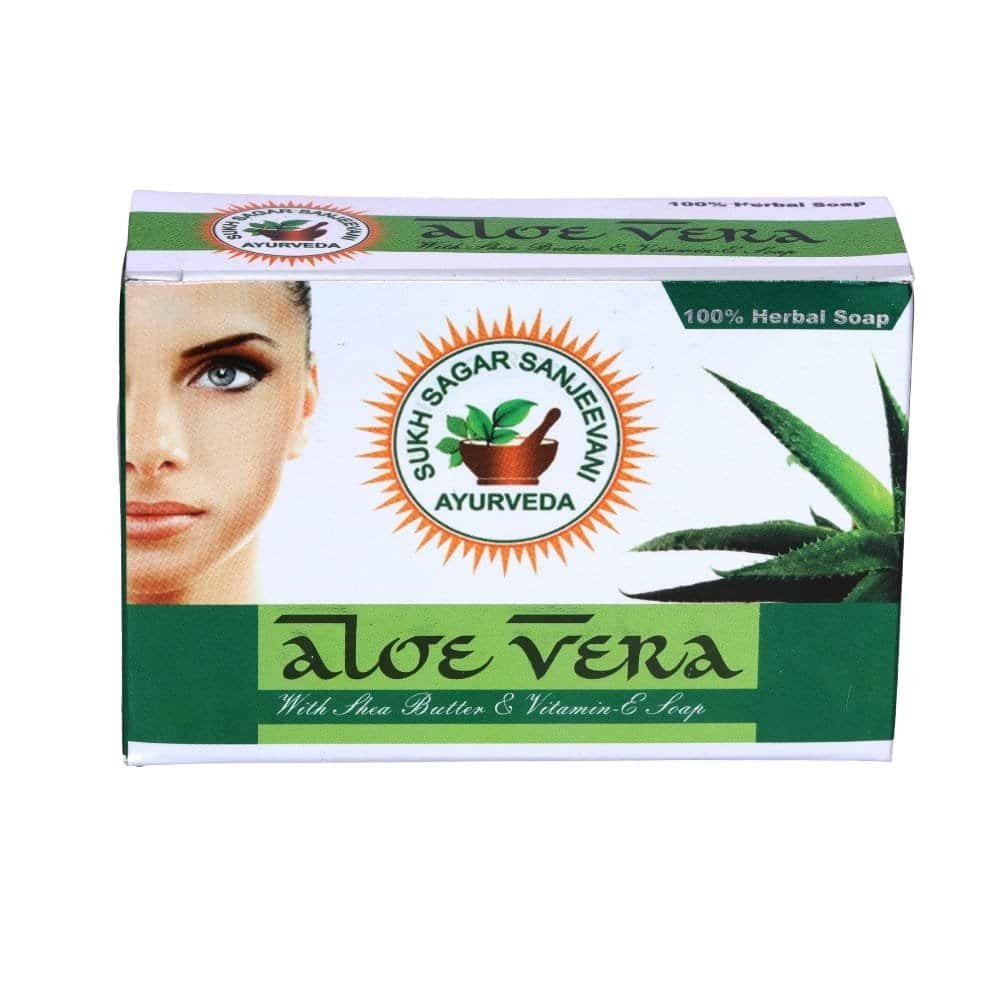 Herbal Aloe Vera soap with aloe vera plant and a woman's face for skincare.