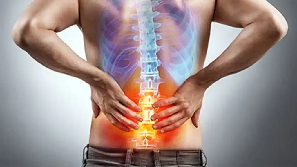 Person holding lower back, highlighting spinal area for pain relief.