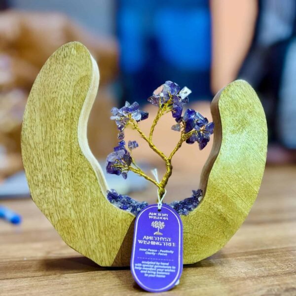 Ametyst Wish Tree decorative gemstone ornament in a wooden display, symbolising peace, positivity, and focus, handcrafted with gemstones and gold wire, ideal for spiritual and inspirational gifts.