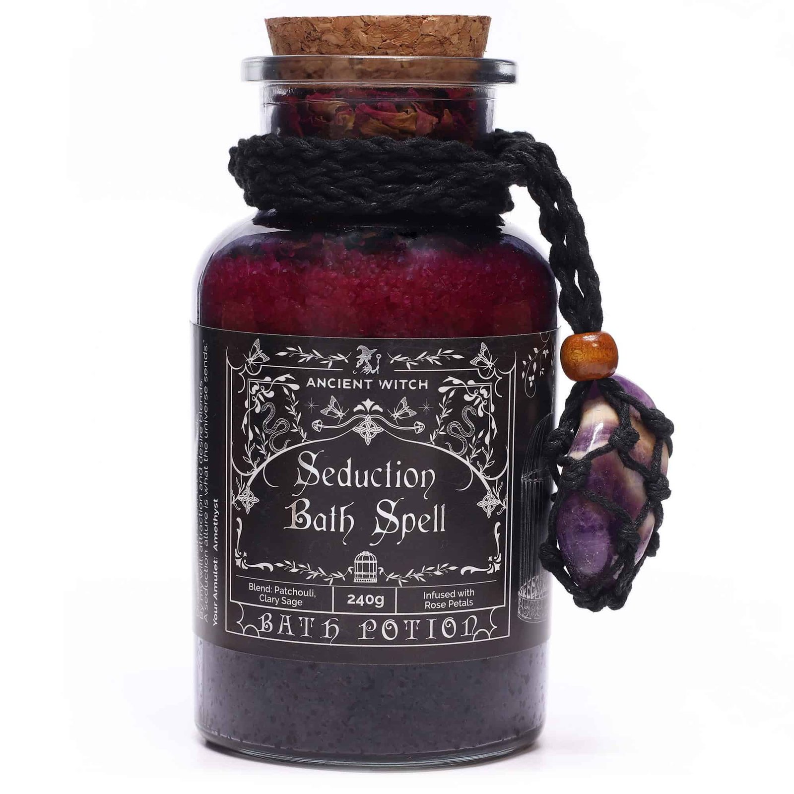 Lavender and rose petal bath spell in a glass jar with black lace decoration and amethyst crystal, perfect for relaxation and magic.