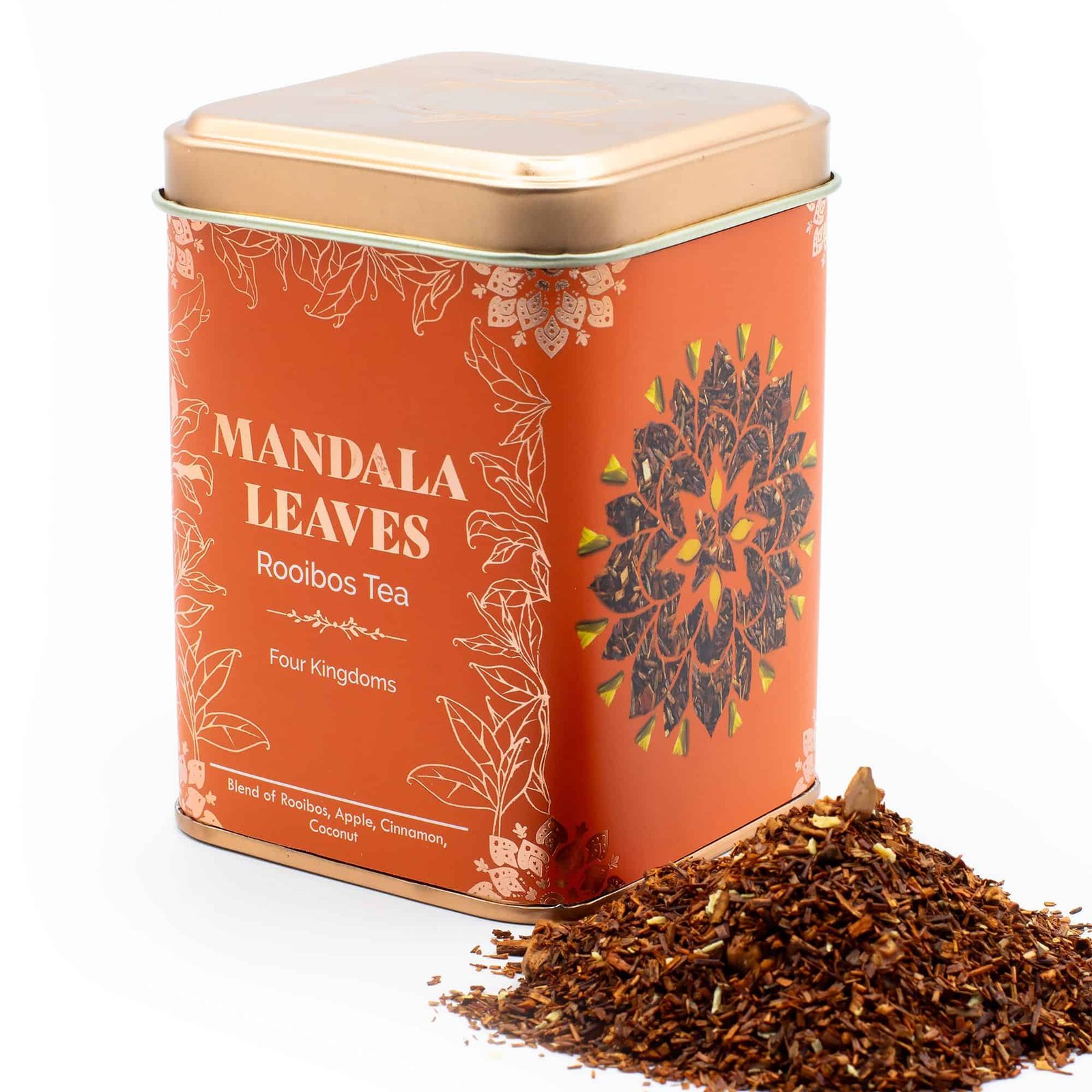 Decorative tin of Mandala Leaves Rooibos Tea with loose tea leaves spilling out, featuring vibrant mandala design and herbal ingredients.