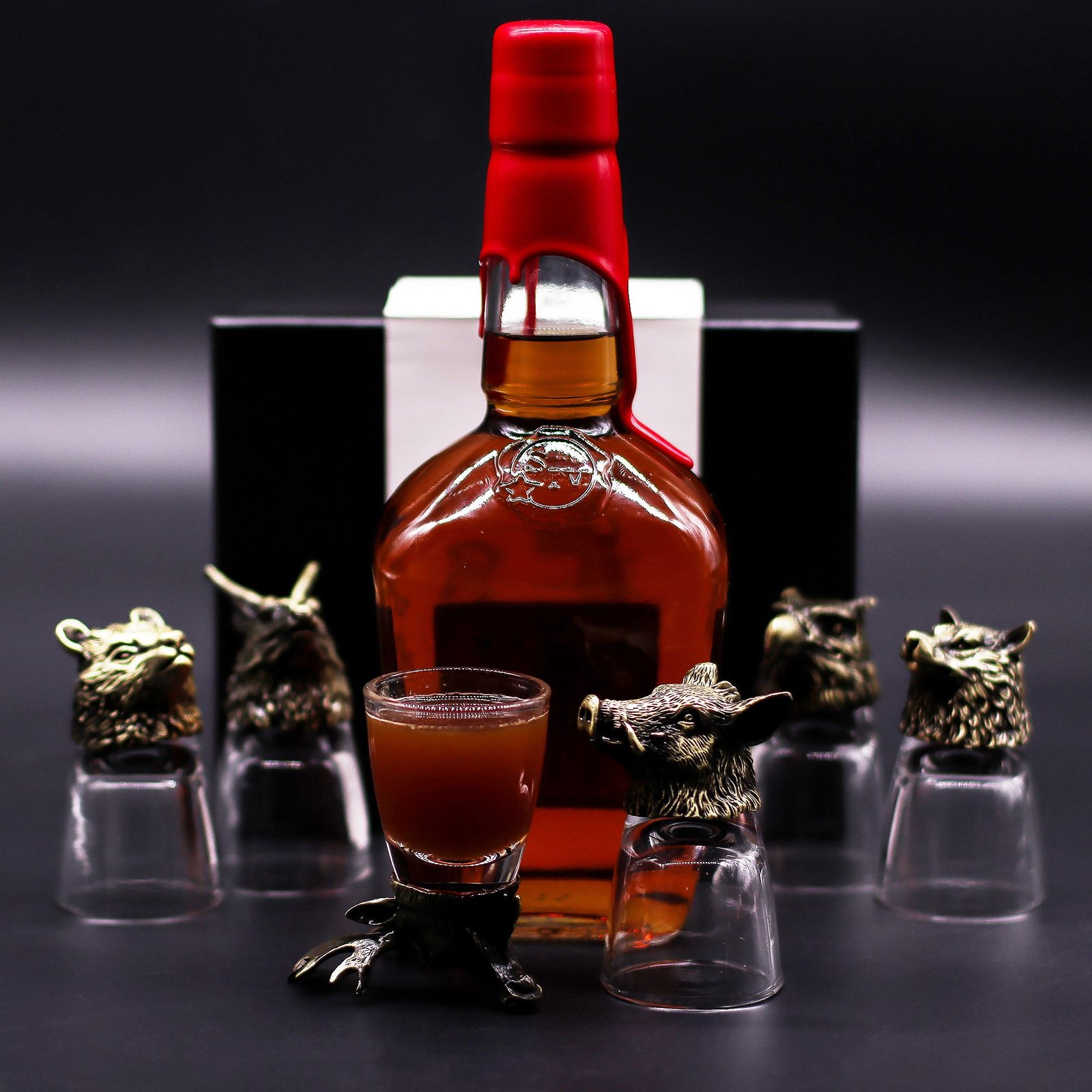 Wild Forest Creatures 50ml shot glasses with whisky bottle