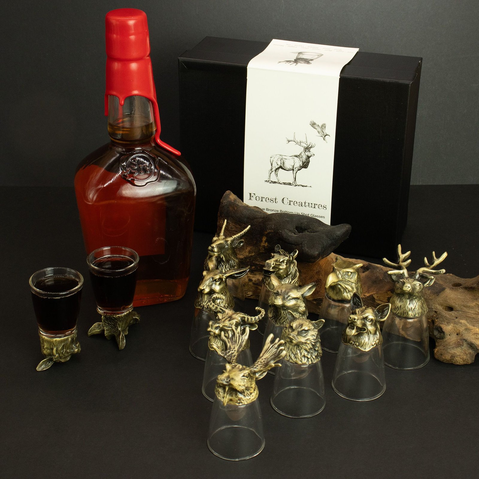 Wild Forest Creatures shot glass set with whisky bottle and gift box