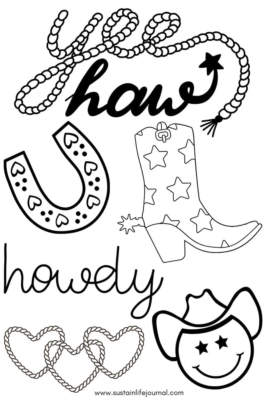 western cow girl coloring sheet with a cow girl boot, howdy, yeehaw, horseshoe, cowgirl hat