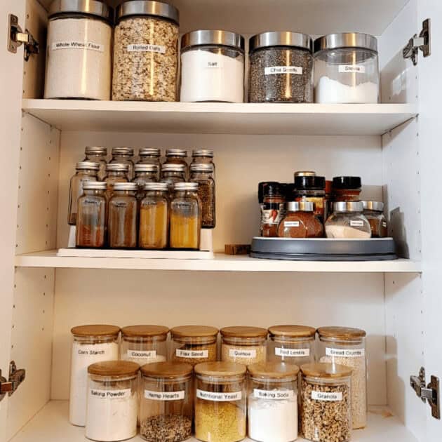 baking supplies in kitchen cabinet