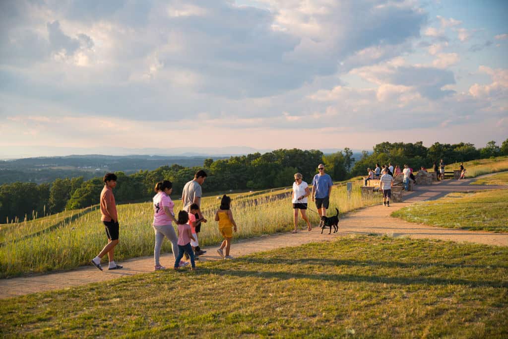 Families and a dog walking a wide gravel path across the hilltop meadow at Sunset Park