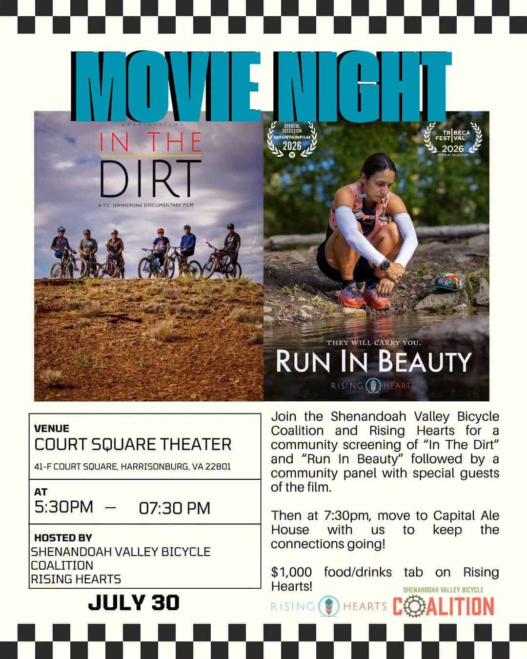 Movie Night flyer featuring In the Dirt and Run in Beauty, Court Square Theater, July 30