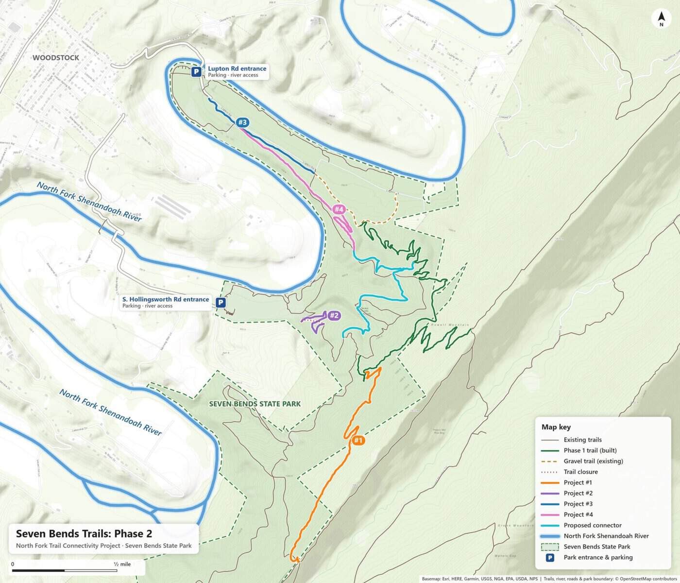 Map of Seven Bends State Park near Woodstock, Virginia, showing the North Fork Shenandoah River, the Lupton Road and South Hollingsworth Road entrances, the built Phase 1 trail in green, and the four Phase 2 projects and proposed connector up to Massanutten Mountain.