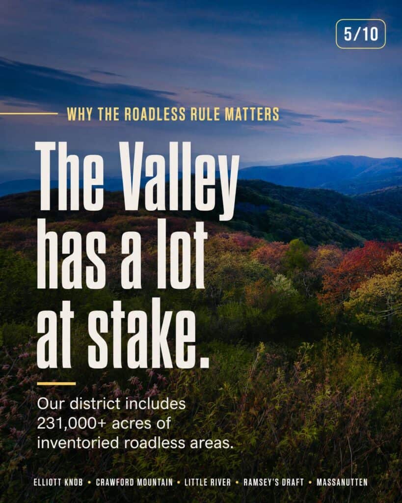 Graphic reading “The Valley has a lot at stake”: the local George Washington National Forest district includes 231,000+ acres of inventoried roadless areas, including Elliott Knob, Crawford Mountain, Little River, Ramsey’s Draft and Massanutten