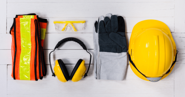 Safety items including hard hat and gloves