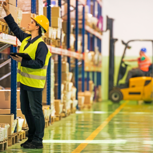 forklift lighting safety with pedestrian in aisle