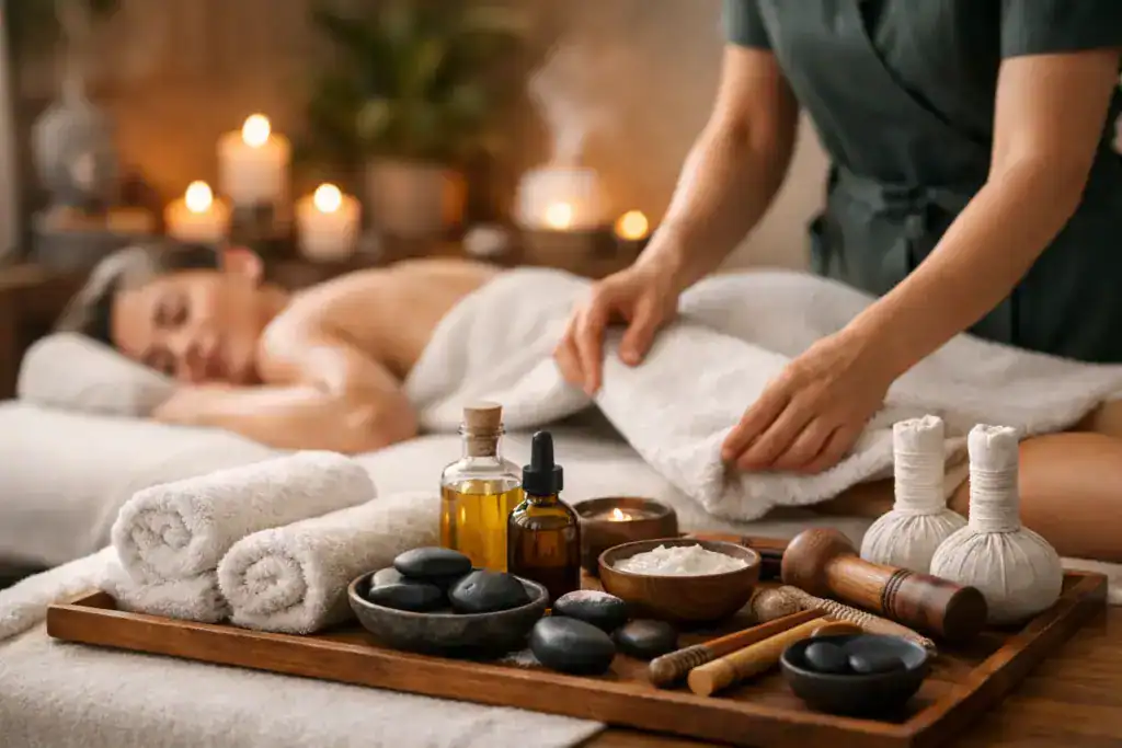 Die besten Massagearten zur Entspannung 1 Entspannende Massage in der Tamedes Körperwerkstatt mit warmen Ölen und Steinen.