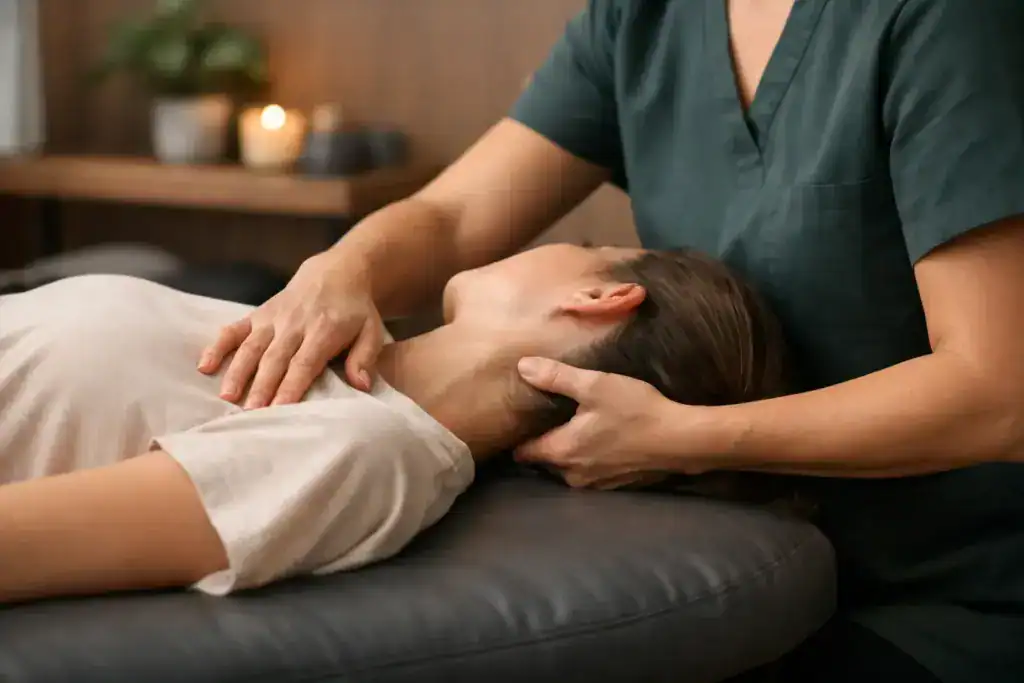 Manuelle Therapie oder Osteopathie? 1 Manuelle Therapie bei Patientin in Tamedes Körperwerkstatt.