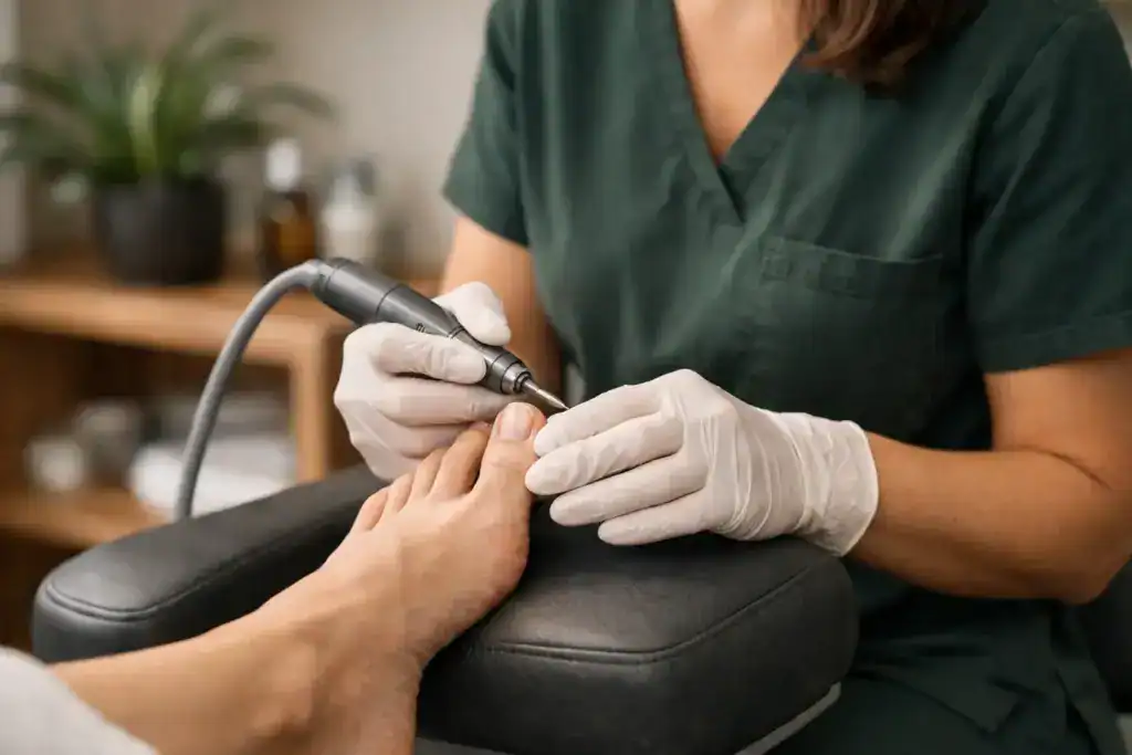 Podologie bei Nagelpilzbeschwerden verstehen 1 Podologin behandelt Fuß mit professionellem Werkzeug bei Nagelpilz.