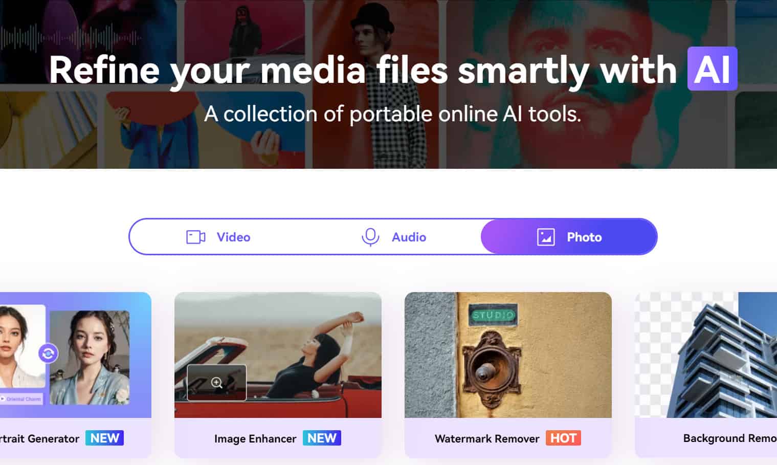 AI-powered media file editing tools for professional photo, video, and audio enhancement.