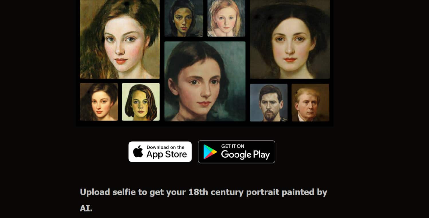 AI-generated 18th-century portrait artist app for selfie-to-art transformation.